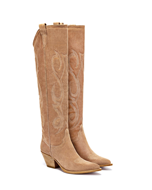 HERMOSILLO Women's Knee Boots in Cognac Suede | On Tone Embroidery_Side_01